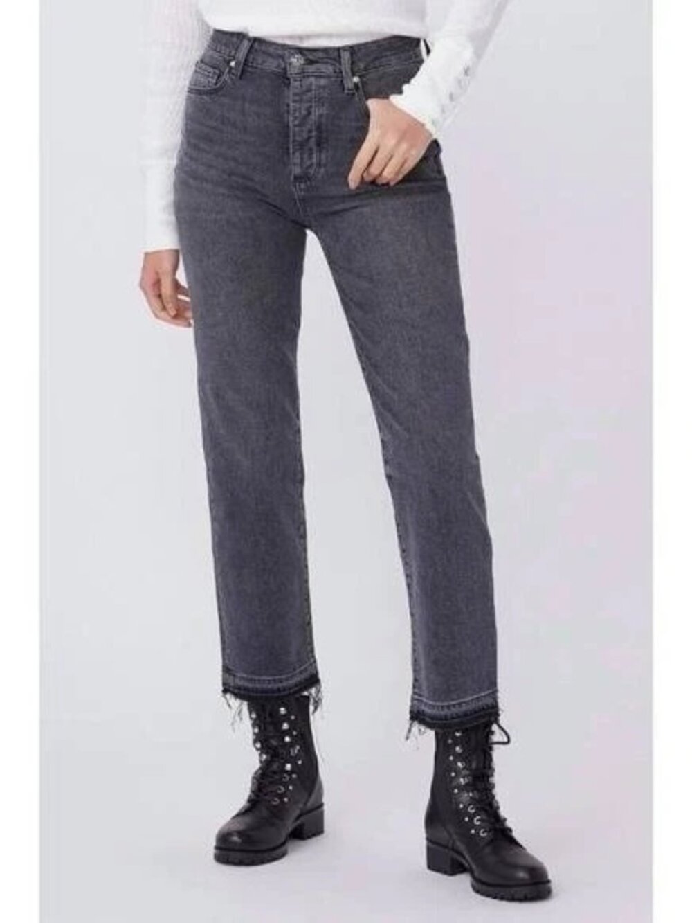 PAIGE SARAH STRAIGHT ANKLE Jeans Deep End Gray Black Raw Chewed Back Hems 30 EUC